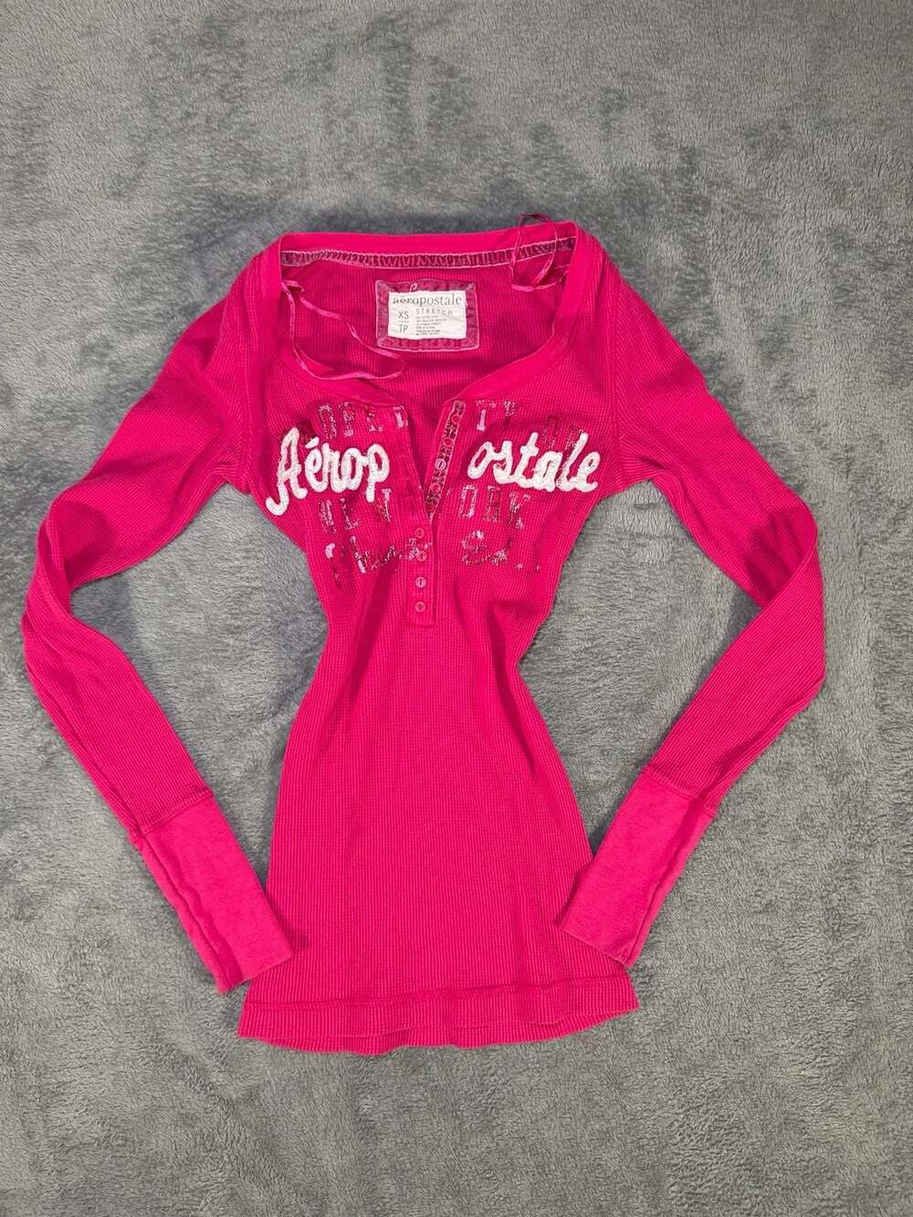 Aeropostale Henley Top Size XS Pink Waffle Knit Long Sleeve Y2K